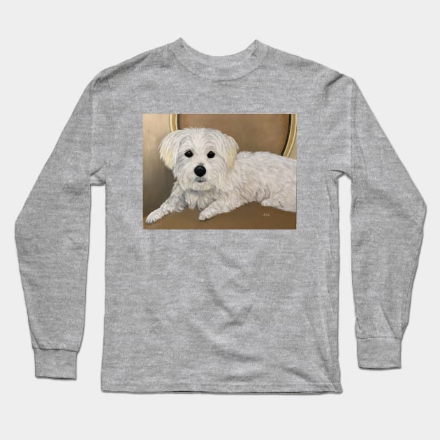 Maltese dog oil portrait. Little white dog with black button eyes and nose. Long Sleeve T-Shirt by KarenZukArt